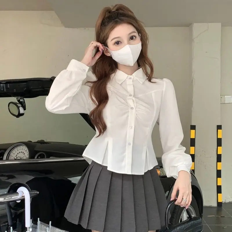 Spring Summer Short White Shirt for Ladies Solid Color Long Sleeve Slim Pleated Blouse Tops Simplicity Fashion Women Clothing