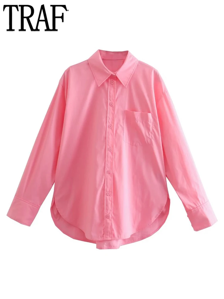 

TRAF Pink Baggy Shirts for Women Pocket Blouse Woman 2022 Summer Long Sleeve Button Up Shirt Women Tops and Blouses Women Casual