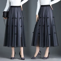 womens pleated midi tulle long skirts bow tie elastic high waist luxury elegant black skirt woman fashion slim faldas