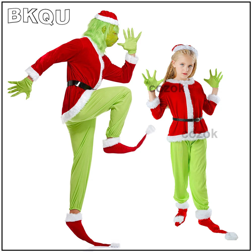 

BKQU Green Monster Costume for Adult 7pcs Christmas Santa Costumes With Mask Furry Santa Suit Halloween Party Outfit