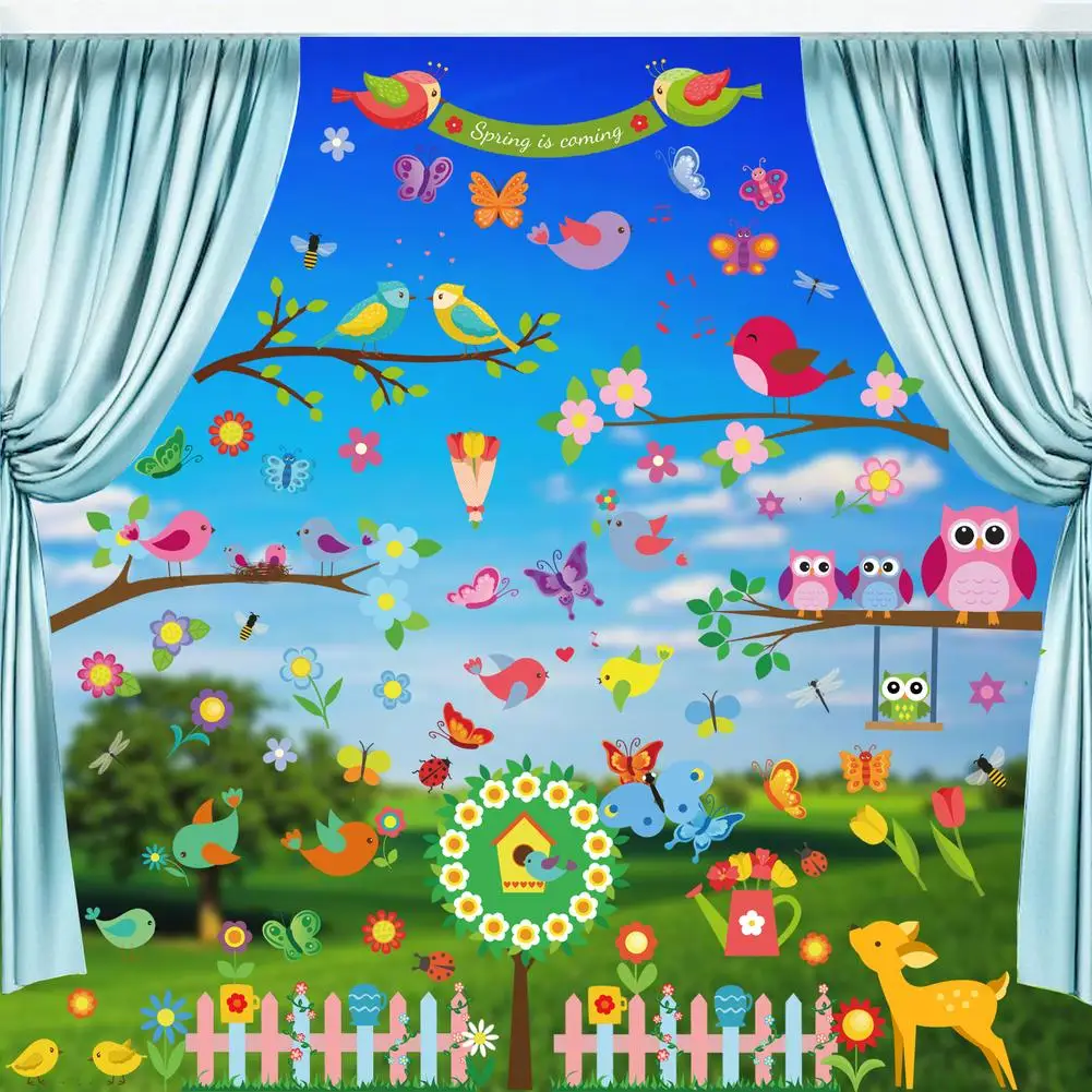 

107pcs 9 Sheets Window Stickers Spring Summer Cartoon Branch Bird Flowers Butterfly Wallpaper Window Home Fridge Kids Room Decor