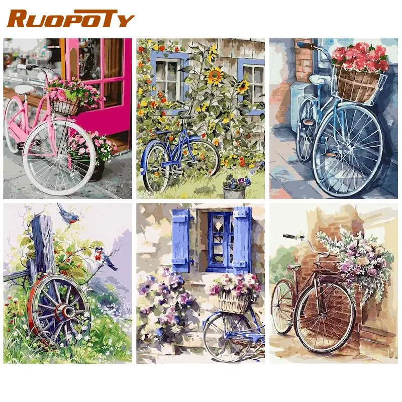 

RUOPOTY Modern Painting By Numbers With Frame Handmade Picture Drawing Bicycle Paint For Painting Home Decor Unique Gift 60x75cm