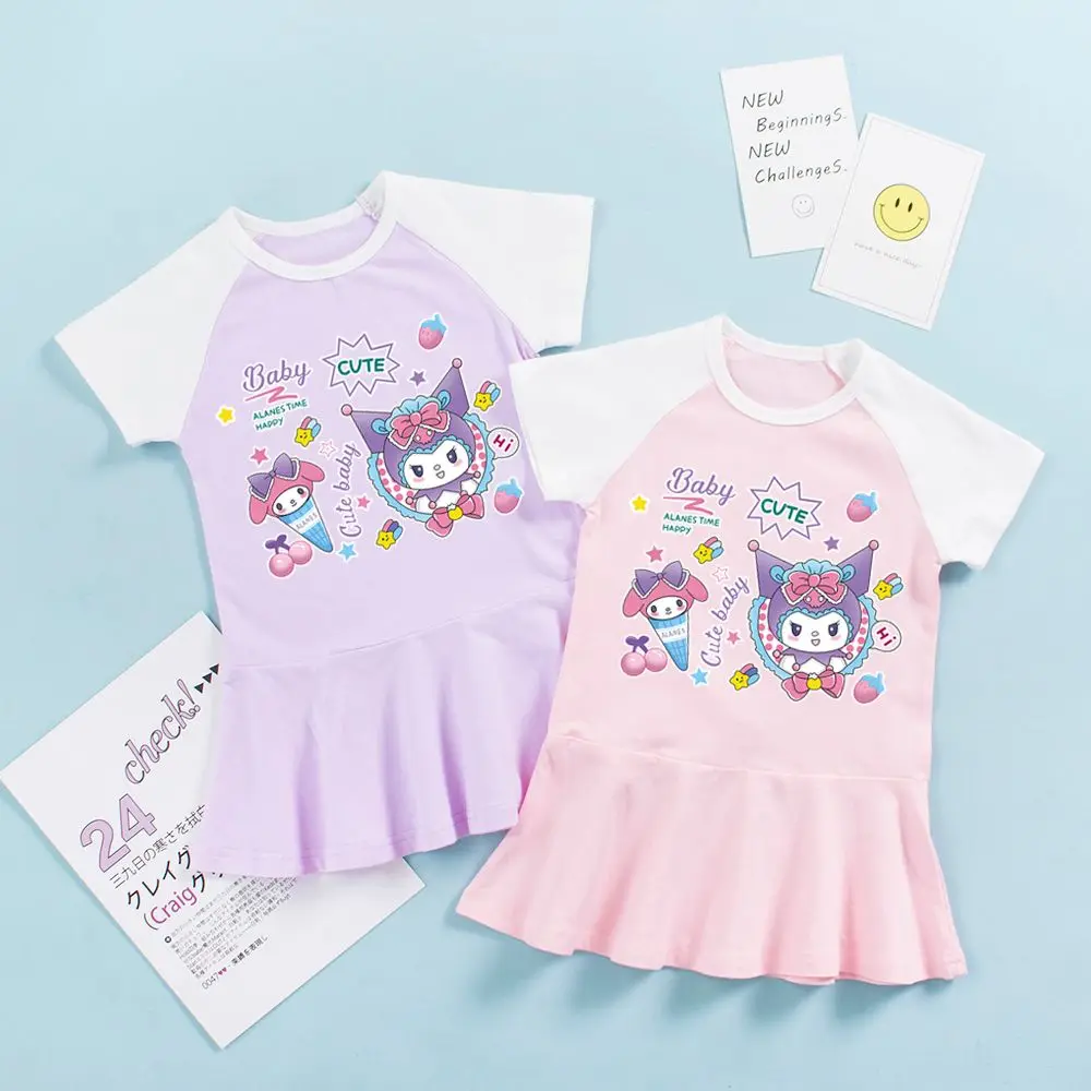 

Kawaii Sanrio Cotton Kids Short Sleeve Dress Anime My Melody Cinnamoroll Kuromi Summer Girls Princess Dress Gown T-Shirt Gift