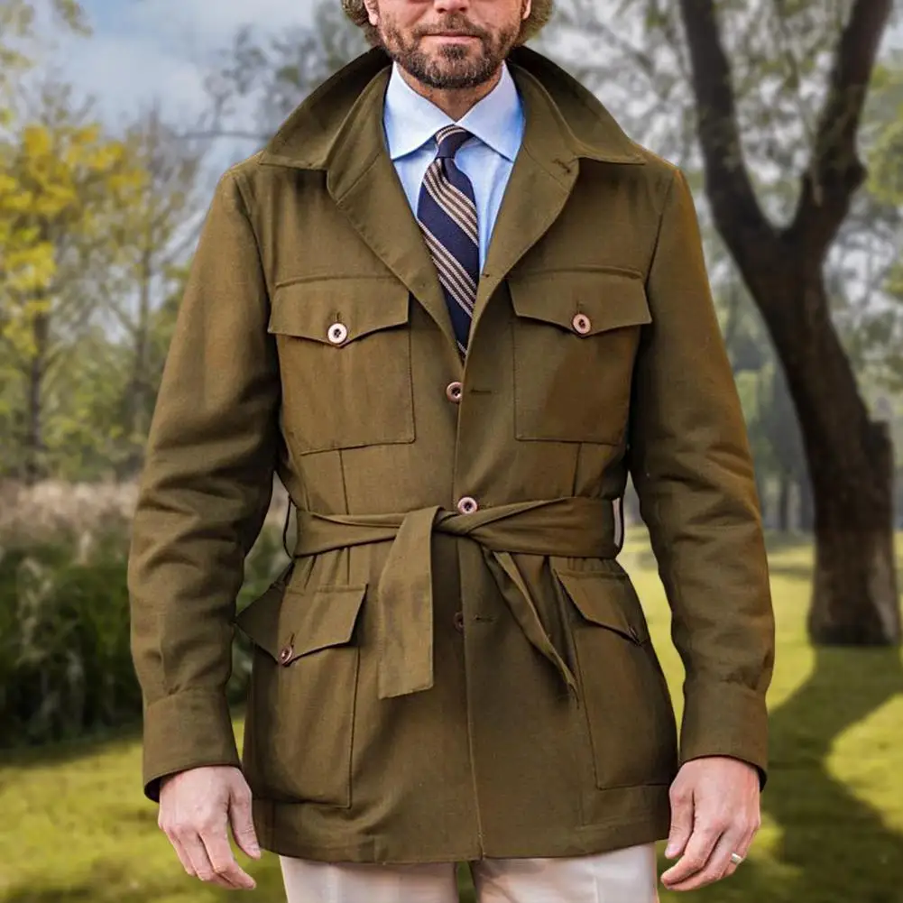 

Мужская куртка средней длины с декоративным поясом, однобортная ветровка с длинным рукавом, пальто с несколькими карманами и отложным воро...