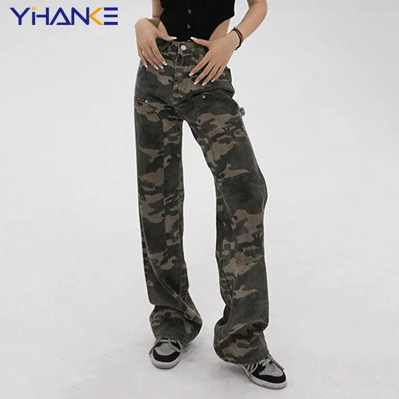 Женские прямые камуфляжные брюки, свободные широкие брюки в стиле ретро с завышенной талией, брюки-карго, уличная одежда, Y2K