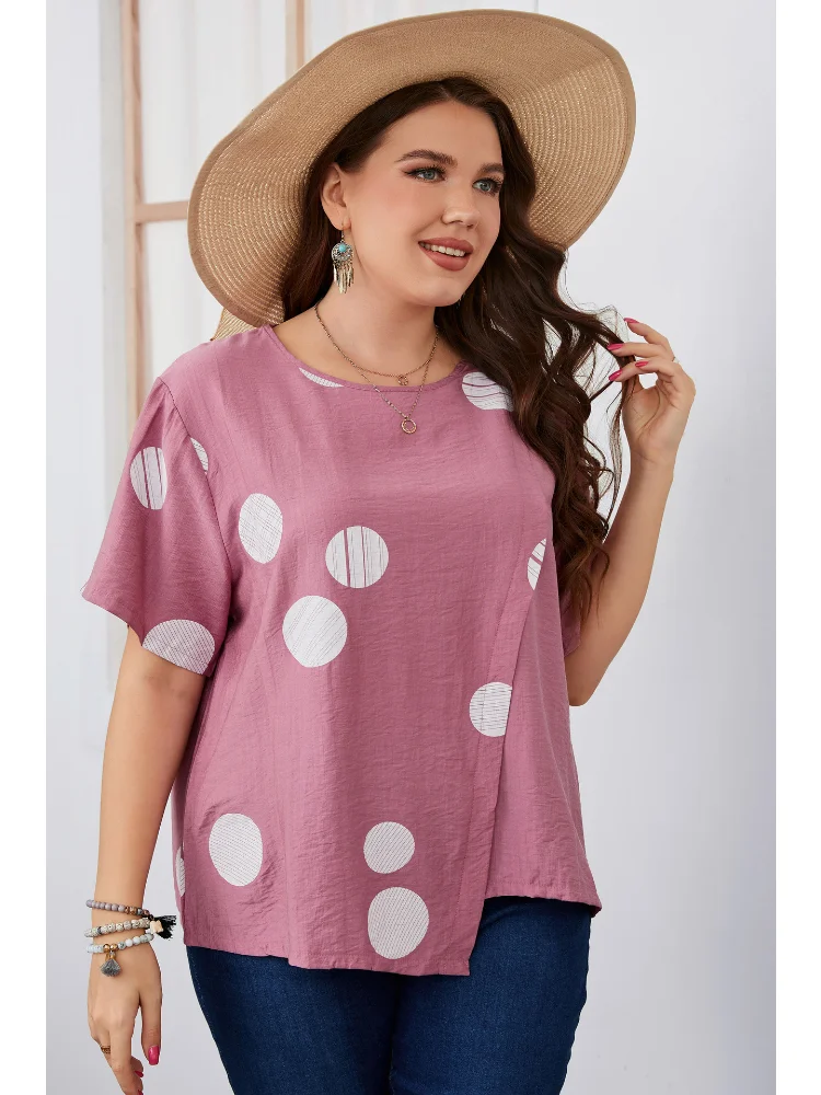 Oversized women's round neck loose polka dot short sleeved T-shirt plus size women clothing  plus size feminino