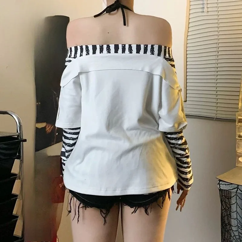 Kimutomo Женские футболки Y2k Эстетические топы с открытыми плечами Искусственные