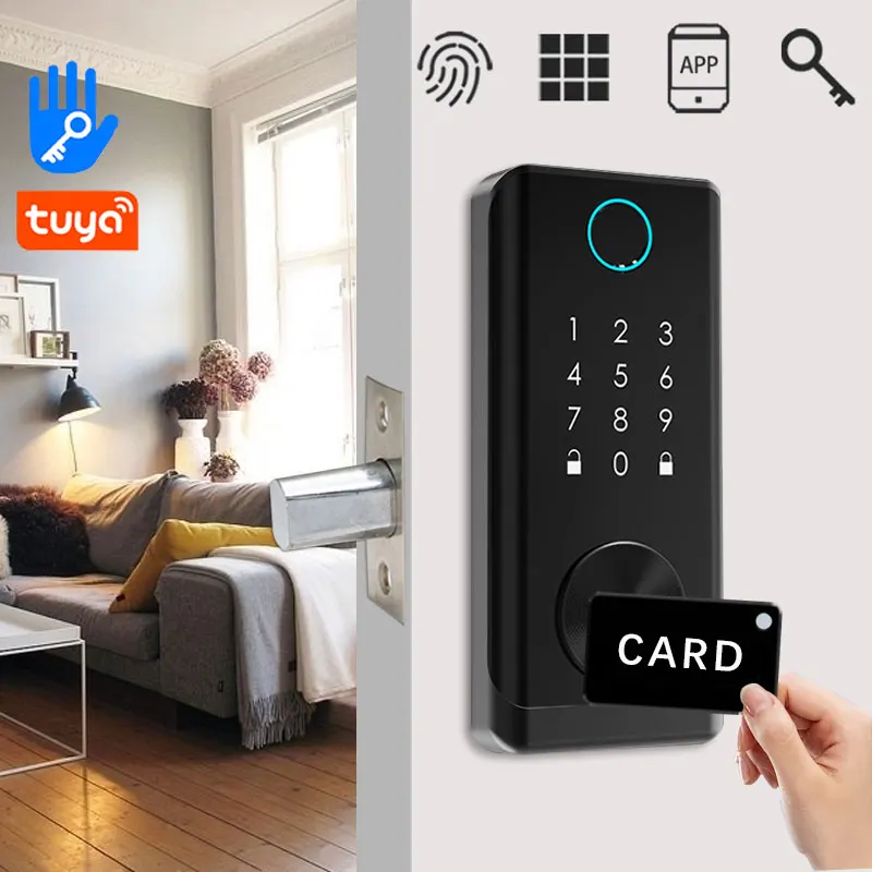 

Electronic Smart Door Lock with Digital Fingerprint Password Card, Tuya TT Lock App, Keyless Entry, Deadbolt Automatic Locking