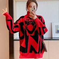 2022 spring new casual women sweater vintage turtleneck cashmere pullover baggy oversized red pull blouse jumper cartoon jersey