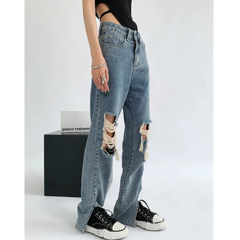 

Синие женские рваные джинсы с высокой талией, винтажные прямые мешковатые брюки в уличном стиле, модные повседневные осенние новые джинсовые брюки с разрезом