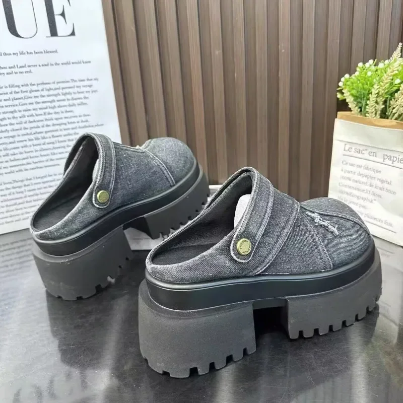 Летние женские тапочки джинсовые сандалии с круглым носком уличная повседневная