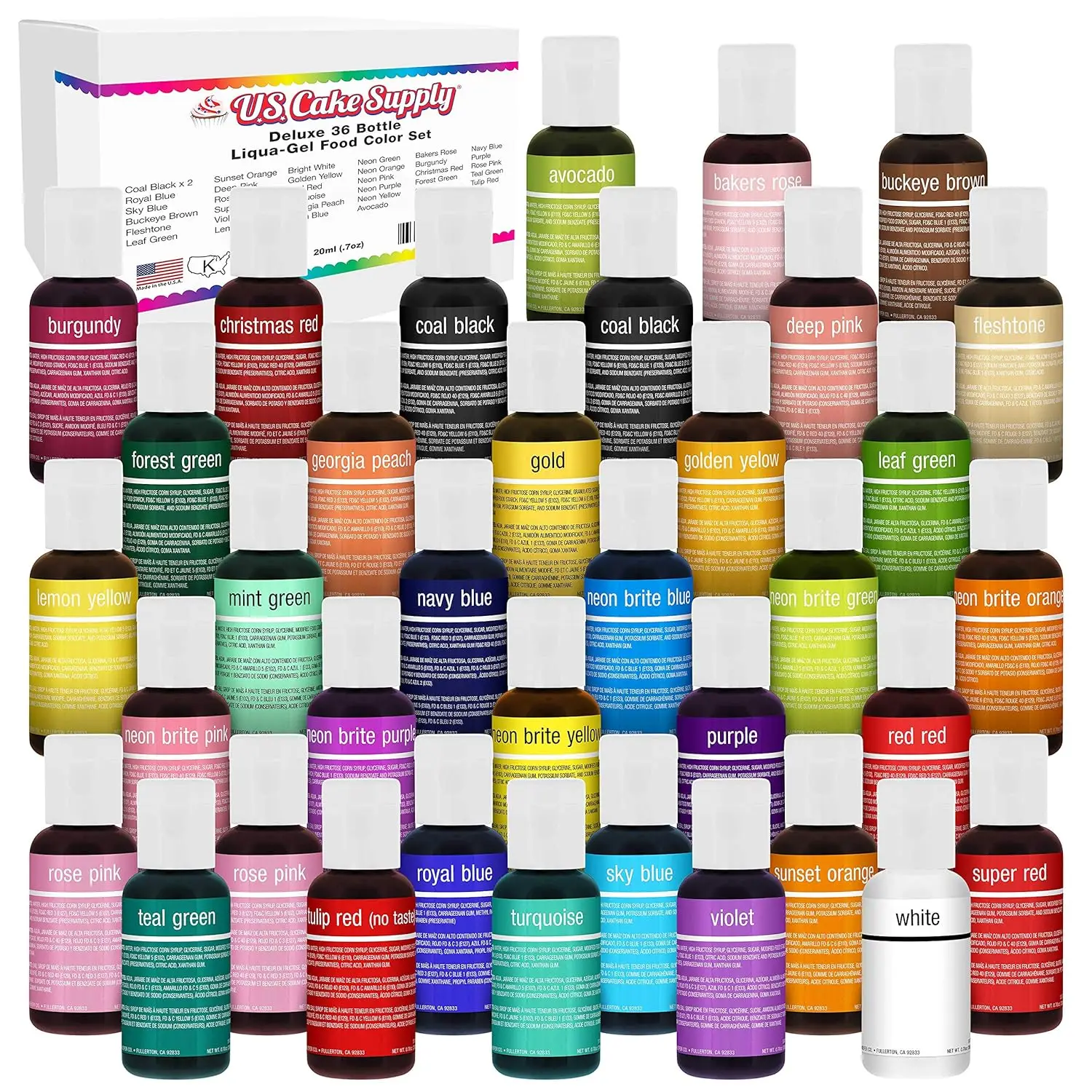 

Cake Supply 36 Color Cake Food Coloring Liqua-Gel Decorating Baking Set of All 36 Colors - 0.75 fl. oz. (20ml) Bottles - the U