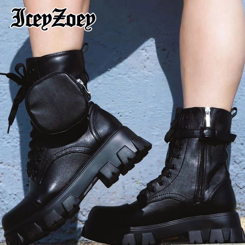 

IceyZoey 2022 Size 35-42 Women Mid Calf Boots Real Leather Round Toe Shoes Women Platform Round Toe Cross Strap Woman Footwear