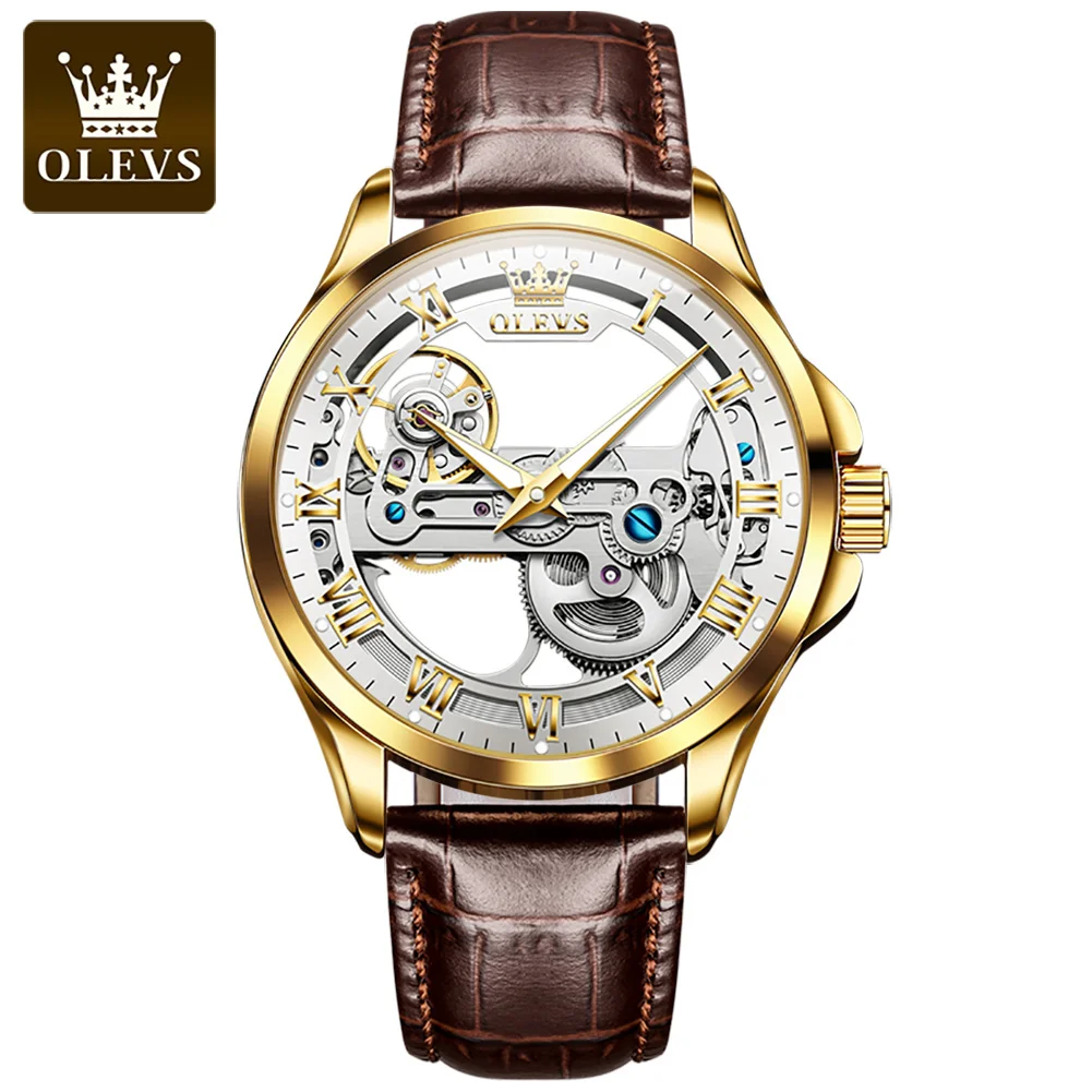 

OLEVS Luxury Men Watches Automatic Mechanical Wristwatch Hollow Flywheel Skeleton Design Waterproof Leather Strap Watch For Men