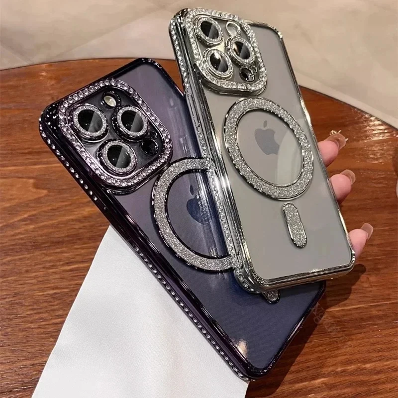 Прозрачный Магнитный чехол с кристаллами и блестками для iPhone 15 14 13 12 11 Pro Max Plus
