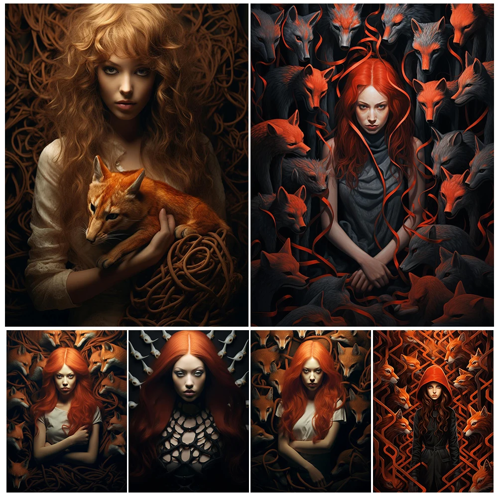 

The Fox And The Red-Haired Girl Gothic Wall Art Canvas Painting Girl Among Foxes Art Poster And Print Home Decoration Unframed