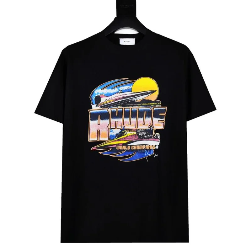 

New Cartoon Racing Print Rhude T Shirt Men Women EU Size 100% Cotton Vintage Clothes Rhude Top Tees High Street