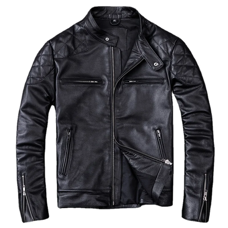 

Куртка мужская из натуральной воловьей кожи, мотоциклетная приталенная куртка, Байкерская одежда, пальто из натуральной кожи, весна-осень