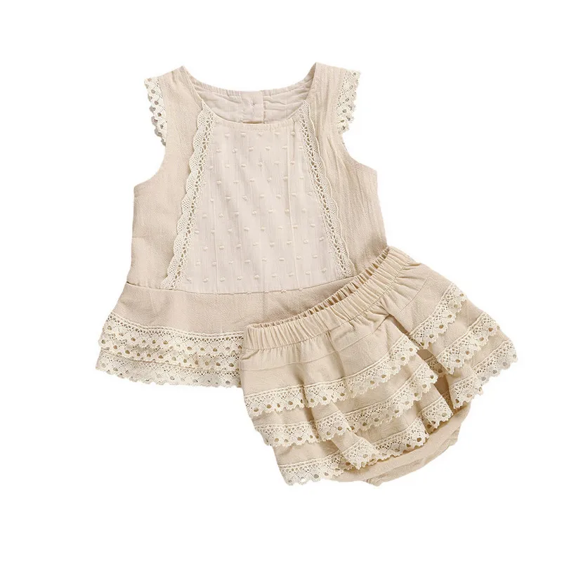

Baby Girl Short Sets Summer Clothes 2023 Suit Sleeveless Lace Vest Top with Layered Hem Tiered Skirt Panty Outfit Baby Items