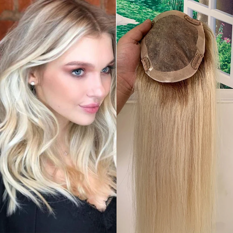 8-26inch Ombre #613 Blonde Mono Base Women Toupee 5X5inch Russian Human Hair Topper with PU Around or 4 Clips Hairpiece Silk Top