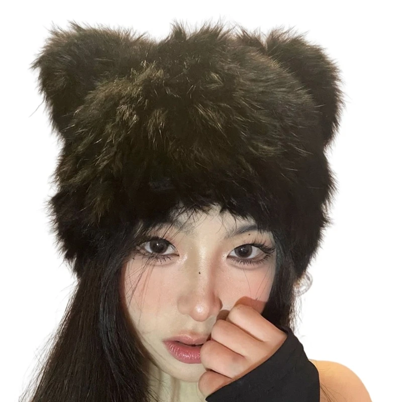 

Шапка из искусственного меха с медведем, плюшевая шапка с пандой, милая забавная Шапочка с медведем, маленьким дьяволом