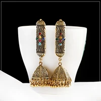 vintage indian oxidized gold color jhumka earring women colorful crystal boho gypsy turkish bells pendientes party jewelry gift
