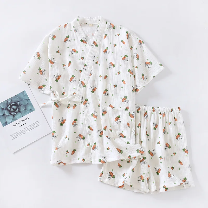 

Crepe Rabbit Carrot Ladies Kimono Short Suit 2022 Summer Pajamas Set Loose Short Sleeve Shorts Can Be Wearable Outside Homewear