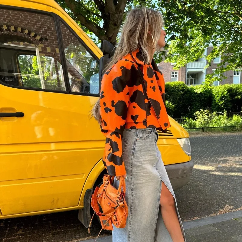 Женский укороченный блейзер из искусственной кожи с принтом коровы Свободное