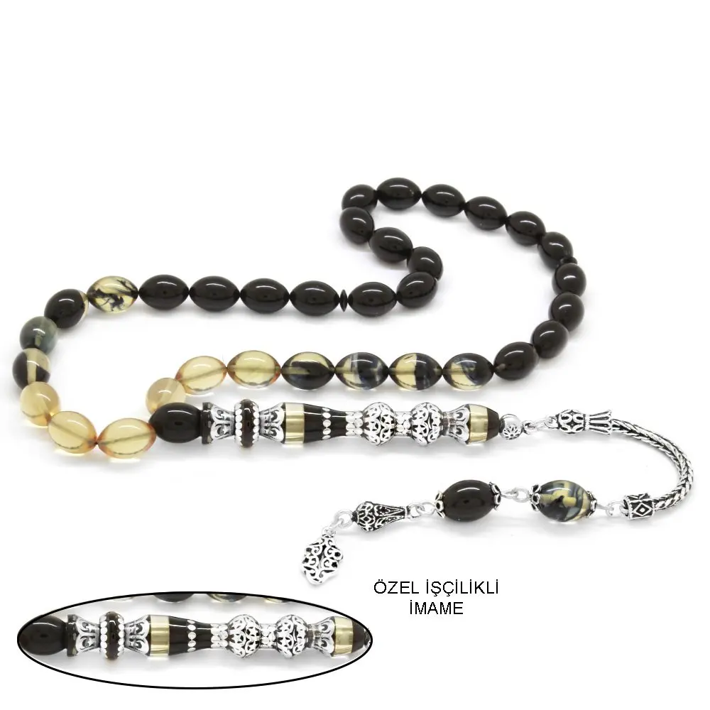 

Nipora 925 Sterling Silver Tasseled Silver Double Honored Nakkas Imamate Strained Black-White Fire Amber Rosary