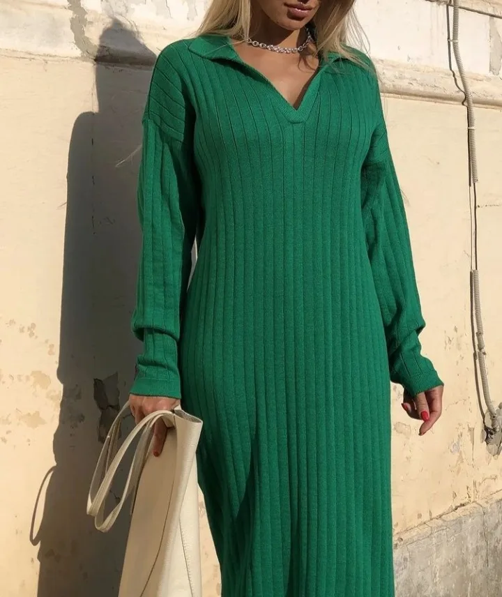 

Женское трикотажное платье с длинным рукавом, повседневное базовое платье с отложным воротником и V-образным вырезом, Осень-зима 2022