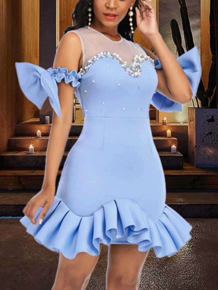 

Women Party Dress Ruffles Mesh Patchwork Bead Sexy with Bowtie Lovely Christmas Event Elastic Bodycon Backless Celebrate Vestido