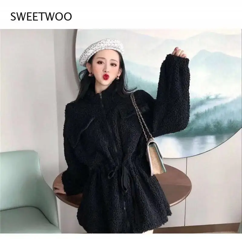 Winter Soft Warm Thick Faux Fur Coat Women Drop Shoulder Long Sleeve Zipper Drawstring Fluffy Jacket Korean Fashion Slim 2022
