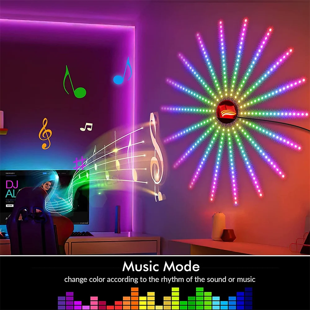 Fogos de Artifício Luz de Tira com Controle de Voz Luz de Fadas Festão Controle Música Meteoro Lâmpada Marquee Casa Casamento Natal 5v Led Rgb