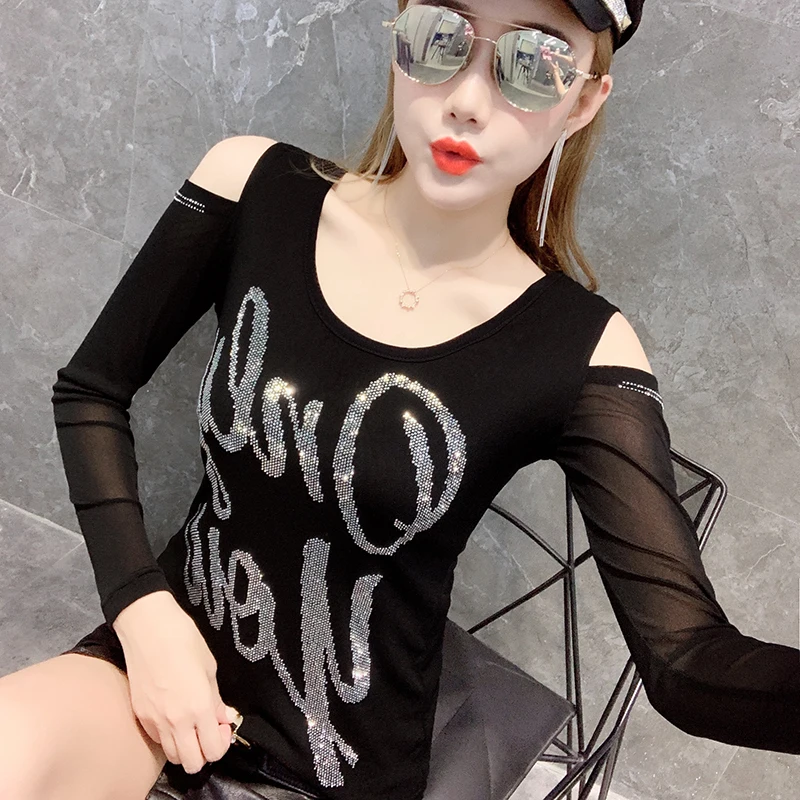 

New Korean Fashion Casual Mesh See-through Splicing Hot Fix Woman Tshirts Women Sexy Tops Female Ladies Slim Clothes BPy6335