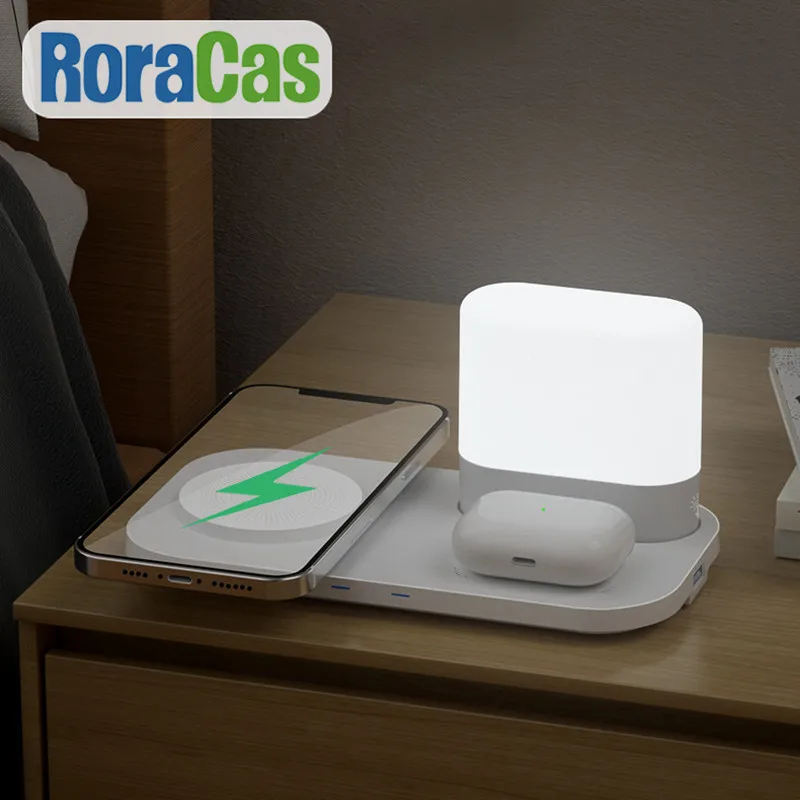 

Intelligent LED Night Light with Wireless Charger for Iphone Android Earphone 3 Color in 1 USB Nightlight Bedside Night Lamp
