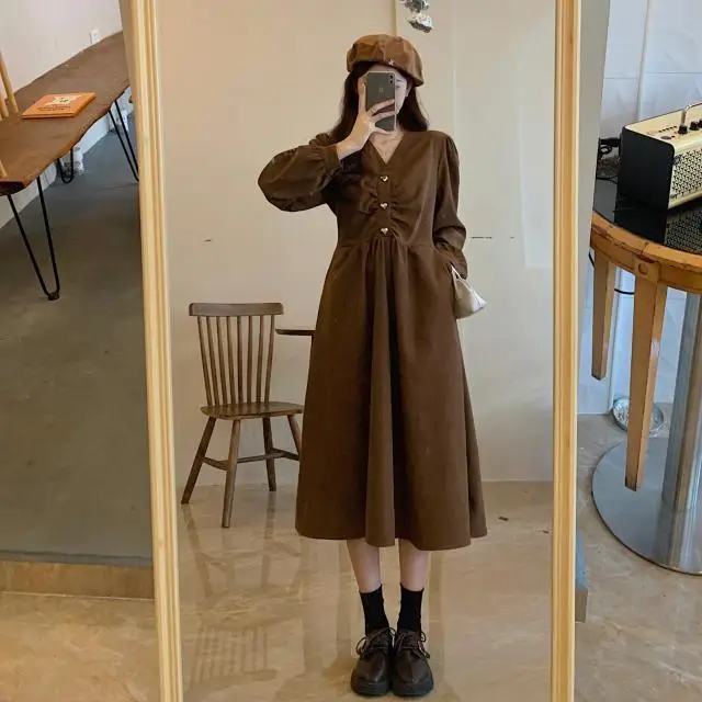 

French Dress Women's Vintage Dress Corduroy Long Sleeve V-Neck Winter Thickened Warm Long Dress Solid Plus Size Women's Clothing