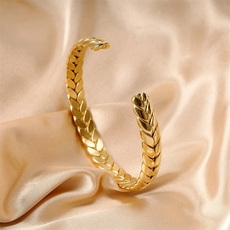 Винтажный широкий браслет из нержавеющей стали в форме пшеницы для женщин