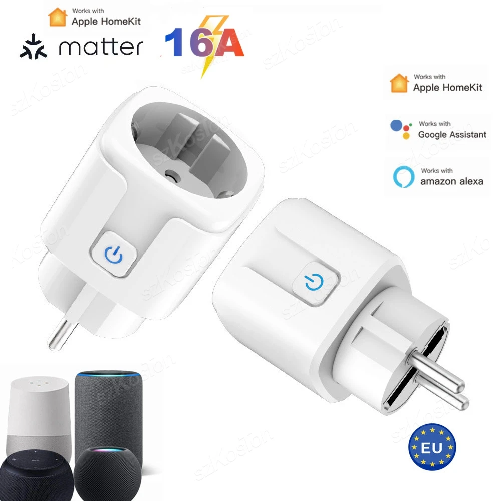 Matter 16A WiFi Smart EU Plug Socket APP Дистанционное управление Функция синхронизации Голос