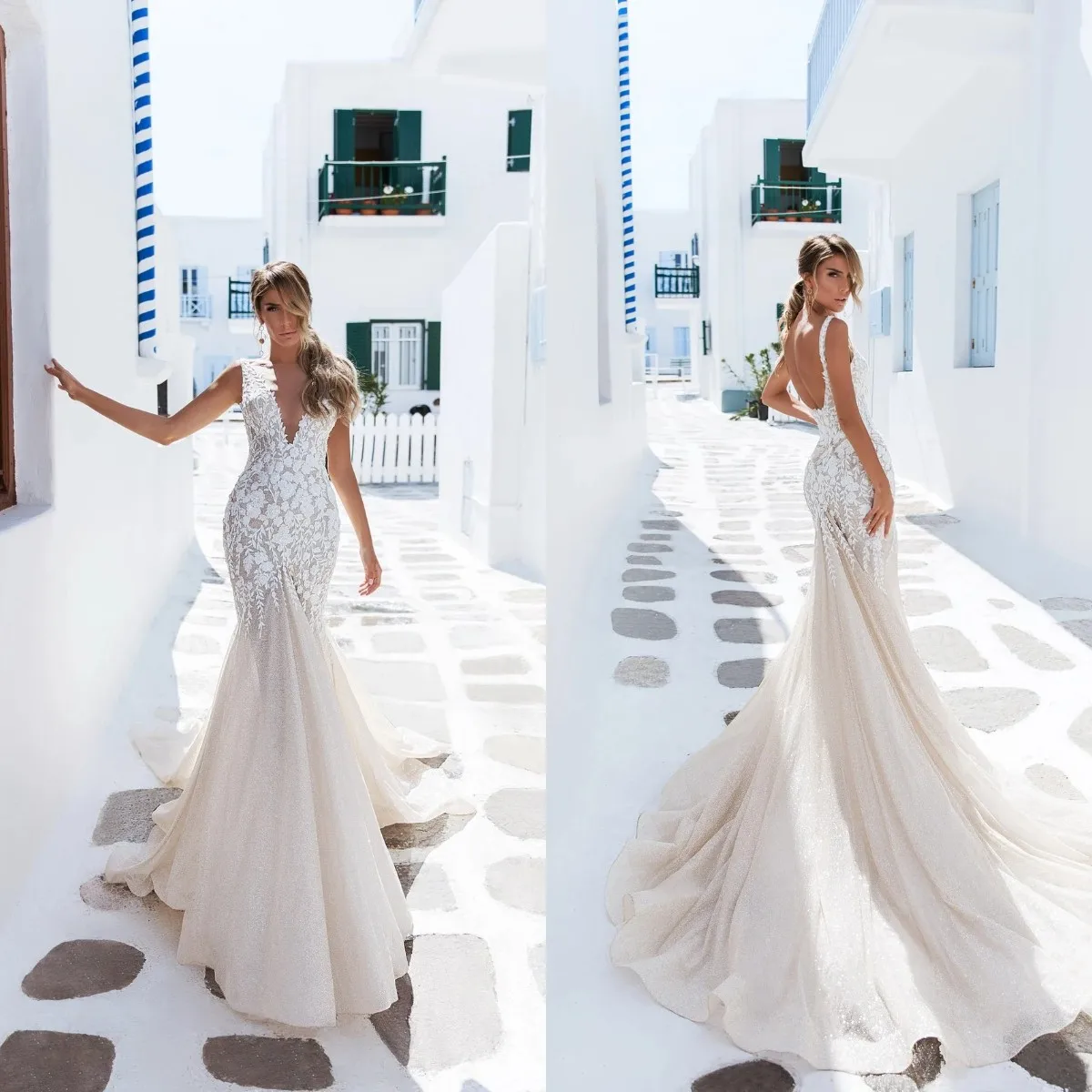 

Elegant Ivory Mermaid Wedding Dress Deep V-Neck Lace Floral Applique Bridal Gown Sleeveless Backless Sweep Train Robe De Soriee