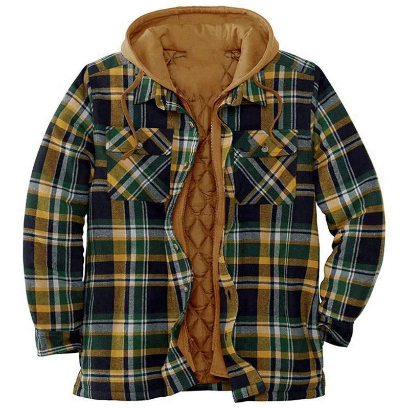 Men Jackets Plaid Long-sleeved Loose Hooded Jacket Shirt Jacket Autumn and Winter Thick Cotton Coat Zip Up Hoodie Coat  Parkas