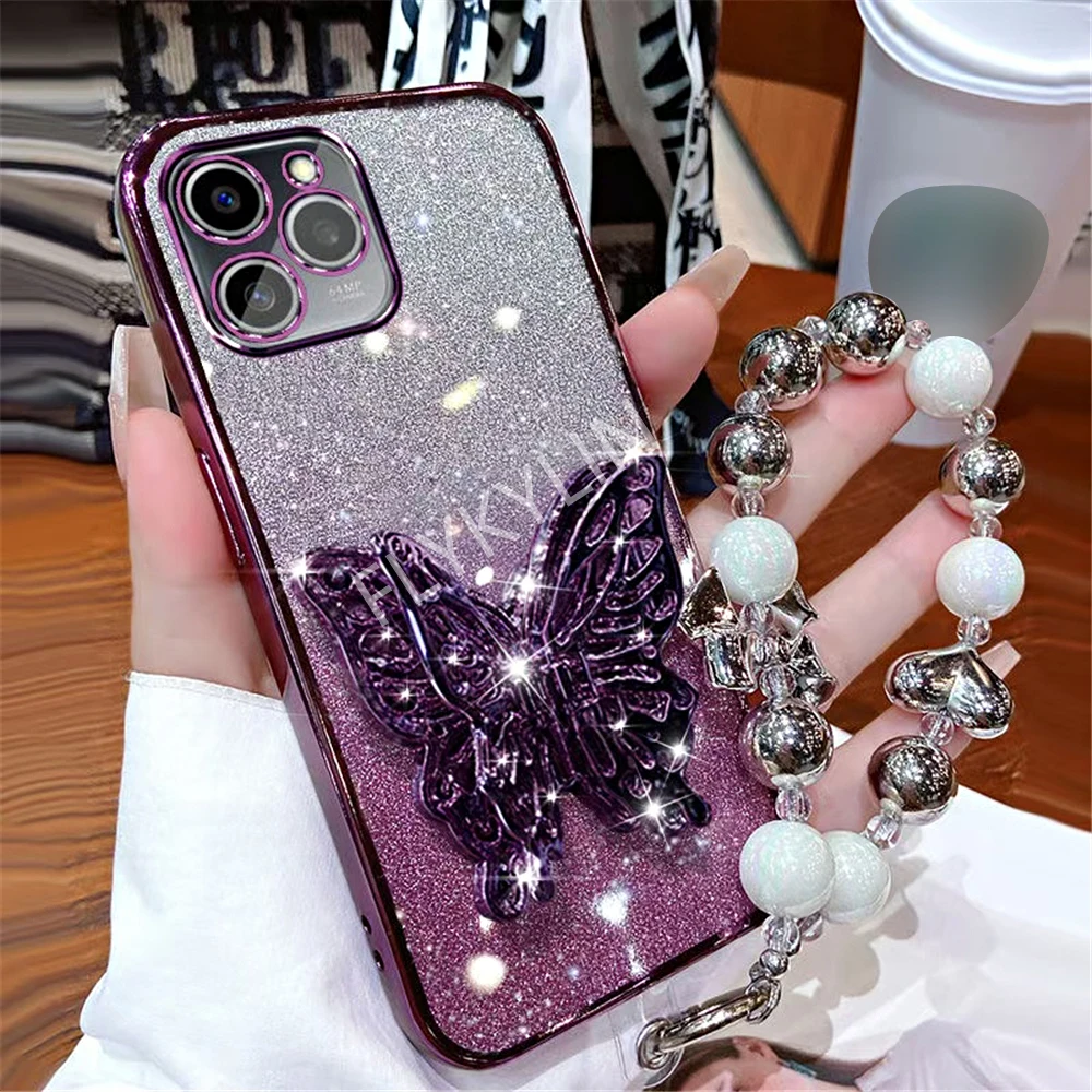 Honor 200 Pro 3D Butterfly Phone Holder Bead Bracelet Glitter Plating Case For 90 100 80 70 60 50 SE Stand Cover