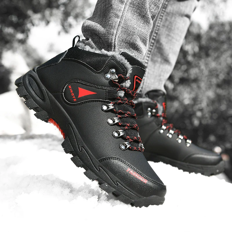 New Black Waterproof Snow Boots Men Winter Shoes Warm Fur Trekking Boots Man Outdoor Sneakers Non-slip Men Leather Hiking Boots