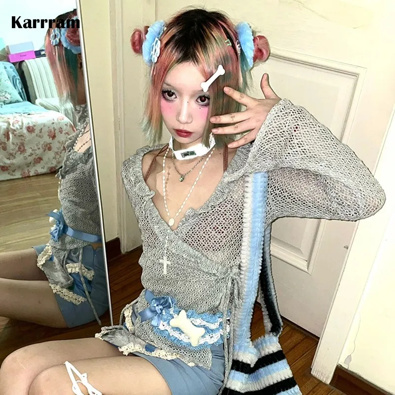 

Karrram Japanese Y2k Hollow Out Cardigan 2000s Aesthetics Thin Knitwear Vintage Harajuku Irregular Knitted Top E-girls Fairycore
