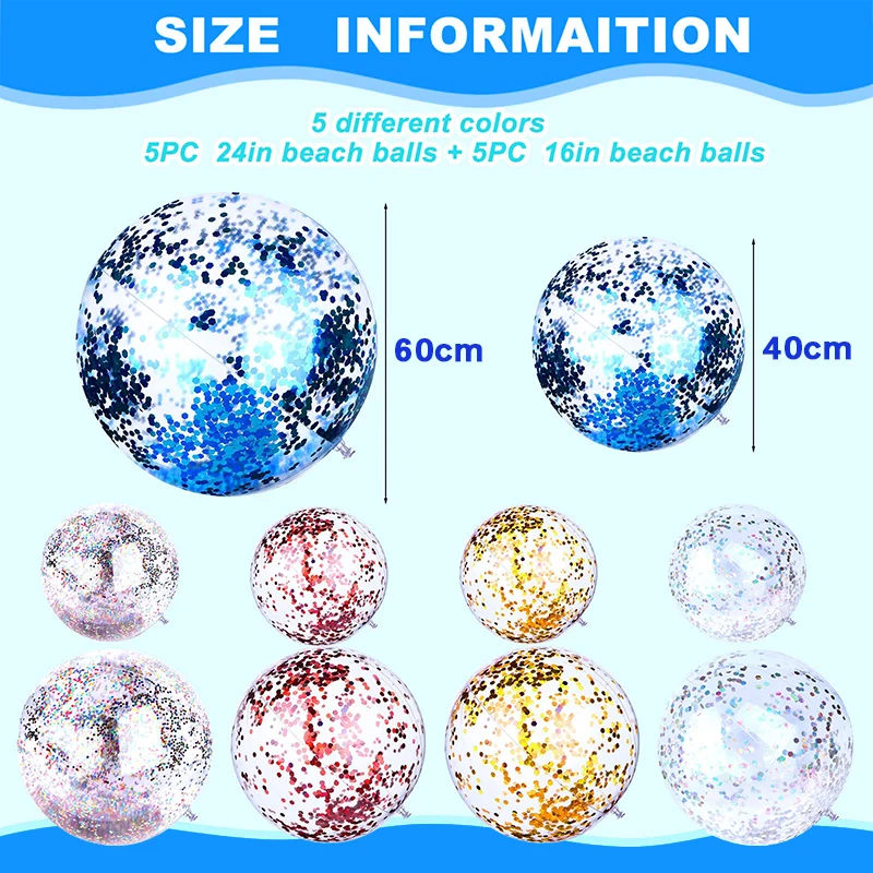 5Pcs Novelty Place Inflatable Clear Sports Beach Balls with Rainbow Sequin Glitter Confetti 40/60cm Summer Pool Party Toy - купить по
