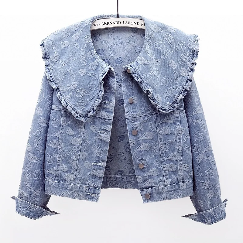 

Vintage Blue Peter Pan Collar Denim Jacket Coat Women Loose Short Print Jacquard Cowboy Outwear Long Sleeve Jeans Jacket Female