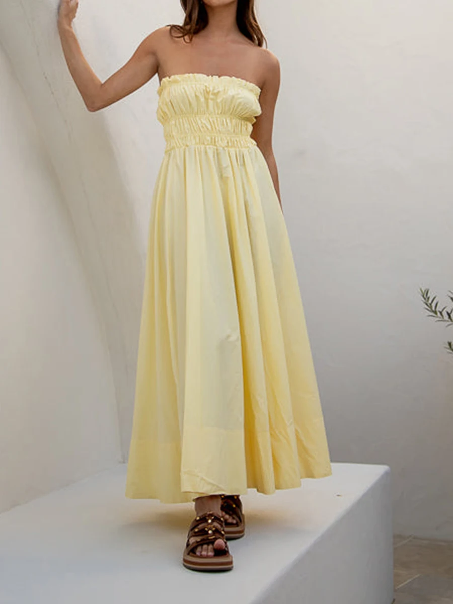 

Женское длинное платье без бретелек, однотонное пляжное платье с оборками без рукавов и открытыми плечами, Цветочное платье