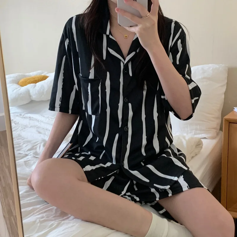 Harajuku Pajamas Set For Women Summer V Neck 2 Pieces Sleepwear Korean Style INS Casual Home Clothes Anime Girls Print Nightgown