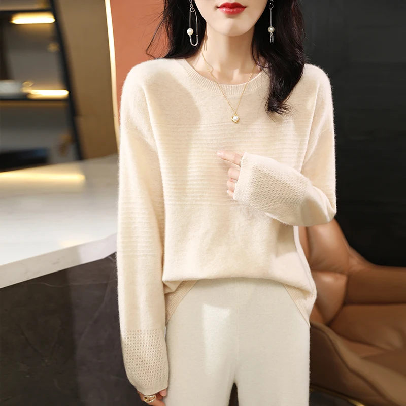 Вязаный пуловер из 100% чистой шерсти женский жаккардовый свитер с круглым вырезом