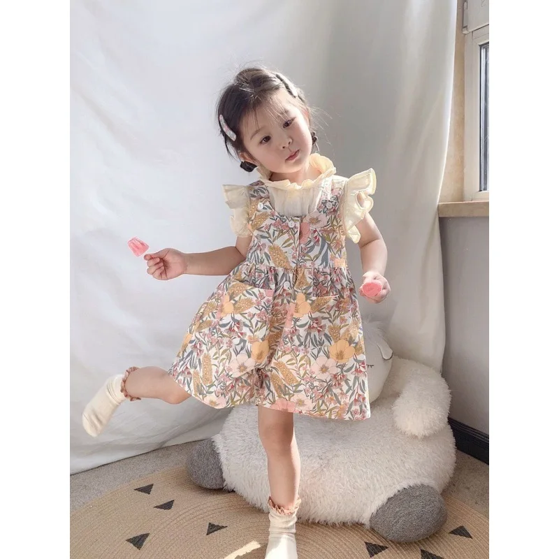 

2023 Summer Baby Girl Clothing Sets Children Solid Sleeveless Shirts Floral Overalls 2pc Kids Clothes Sweet Girls Suit