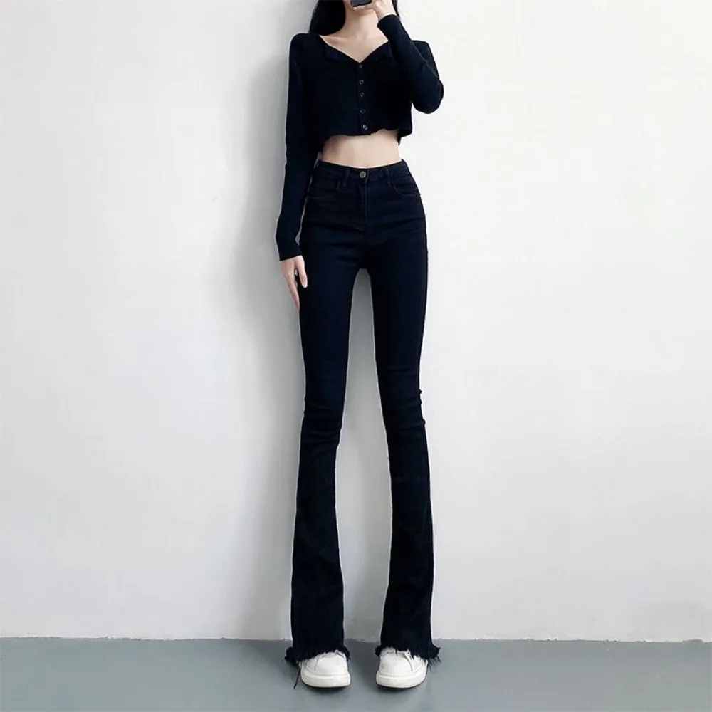 Узкие Эластичные черные женские джинсы повседневные брюки-клеш с высокой талией